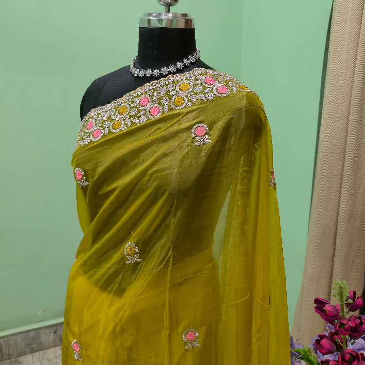 Organza Lemon Yellow Saree