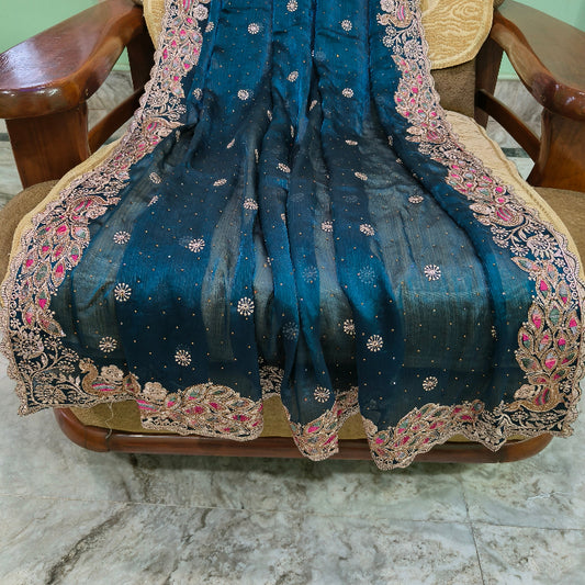 Embroidered Blue Chiffon Saree