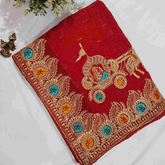 Red Chiffon Shimmer Embroidery Saree